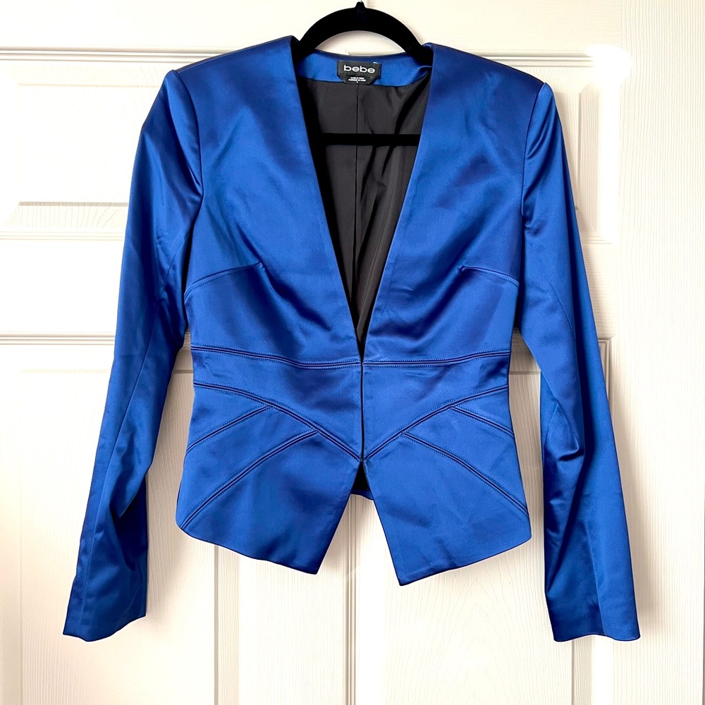 Bebe Blue Satin Tiana Seamed Blazer Jacket, Size 2
